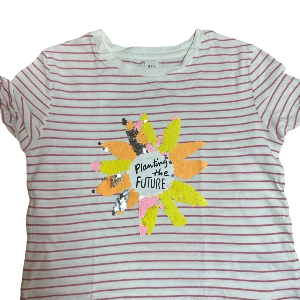 GAP Kids Girls Striped Sequin Graphic T-Shirt “Planting the Future” | Size S 6–7